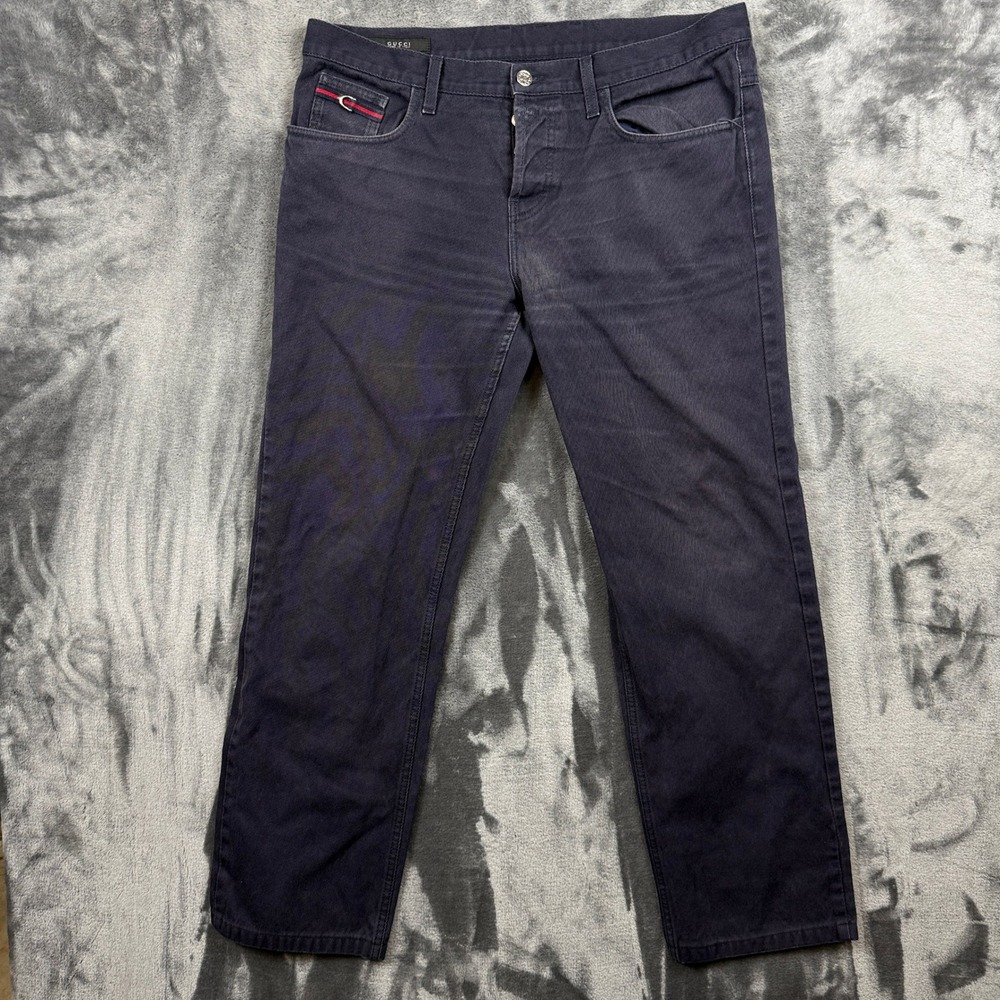 Gucci Pants Mens 52 Navy Blue Web Stripe Straight Leg Made in Italy
